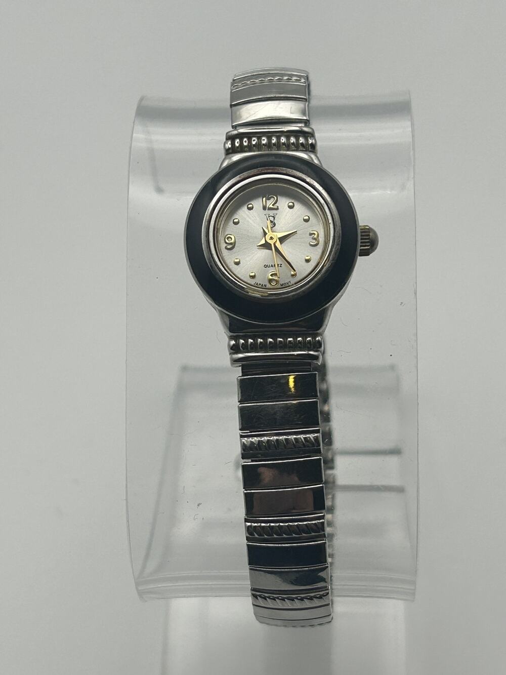 Sergio Valente Womens Watch Small Round Black Bezel Silver Tone Expansion Band